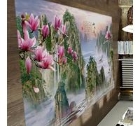 UERWOWELL Tapis d’Art calligraphique Chinois 180x280cm Magnolia Rose en Fleurs et décors de Cascade Tapis Fins Tapis de Sol Spring Serene Style antidérapant