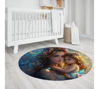 UERWOWELL Tapis de Chambre à l’Huile 180cm Mère et Fille embrassent des Tapis lavables Un Tapis Rond à Poil Bas Lavable Une décoration Florale de rêve