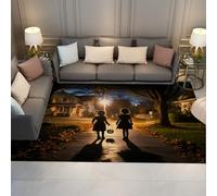 UERWOWELL Tapis de décoration de Nuit d’Halloween 60x90cm Petites Filles Mignonnes et Citrouille Lanterne Impression Tapis de Porte à Poils Ras pour Salle de Jeux de Salon