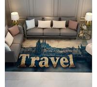 UERWOWELL Tapis de Style Vintage 160x230cm Typographie de Voyage et Architecture Gothique Imprimer Tapis Mince Lavable pour décor de Salon Tapis de Sol