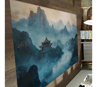 UERWOWELL Tapis de Terrain paysager Classique Chinois 100x200cm Montagnes brumeuses avec Pavillons Tapis de Sol à Poils Bas Moquette à Poil Bas pour la Salle d’étude décoration du Bureau