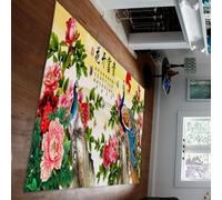 UERWOWELL Tapis élégant en Forme de Paon 180x250cm Pivoines en Fleurs et Papillons Tapis imprimés Richesse & prospérité Art calligraphié Tapis de Sol Fin antidérapant