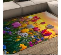 UERWOWELL Tapis Floral Romantique esthétique Tulipes Vives Fleurs Sauvages Coucher Soleil doré Lavable Tapis Poil Ras carpette décorative Salon 180x270cm