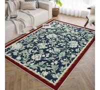 UERWOWELL Tapis Lavable Bleu foncé 60x120cm Plantes en Fleurs Vertes et Blanches imprimées Grandes moquettes Douces pour Cuisine Couloir Tapis de Sol rétro Douillet à Poils Bas