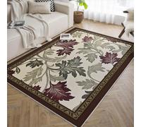 UERWOWELL Tapis Marron à Bordure Country Style 100x200cm Tapis à imprimé Feuilles Rouges et Verts pour Salle d’étude Bureau Tapis de Sol botanique Classique Fin Facile à Nettoyer