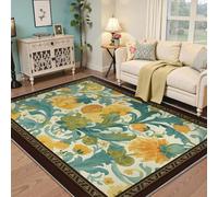 UERWOWELL Tapis Marron Bordure d’entrée 100x150cm Tapis Fleuri Jaune et Sarcelle pour Salon Chambre Aquarelle décoration de Sol Rang à Poil Bas Lavable