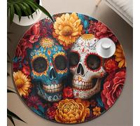 UERWOWELL Tapis Rond de Style bohème 240cm Vibrant Floral Folk Art crâne Motif Lavable Confortable à Poils Ras Cercle Tapis pour l’entrée dans la Chambre à Coucher du Salon