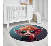 UERWOWELL Tapis Rond de Style Hippie 150cm Cochon de Mode avec Lunettes de Soleil Motif Tapis Minces pour Salon Chambre Studio Facile Nettoyage antidérapant