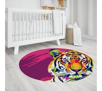 UERWOWELL Tapis Rond Pop Art coloré 140cm Animaux Sauvages Beau Motif tête de Tigre Tapis Minces pour Salon Chambre Lavable antidérapant