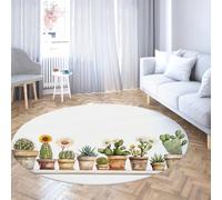 UERWOWELL Tapis Ronds botaniques tropicaux 140cm Vert en Pot Cactus & Fleurs Imprimer Mince Tapis pour Salon Chambre Bureau entrée extérieure