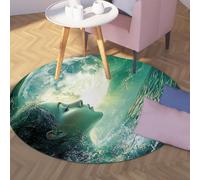 UERWOWELL Tapis Ronds de Pleine Lune 200cm Motif de Visage de Belle Fille Moquette à Poil Bas Vagues de mer antidérapantes lavables Citation poétique Décoration intérieure chaleureuse