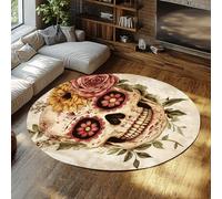 UERWOWELL Tapis Ronds de Style Antique Boho Floral Skulls Print Lavable Tapis Cercle À Pils Bas pour Le Salon Chambre Bureau Halloween Décor 160cm