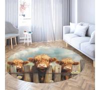 UERWOWELL Tapis Ronds de Style Ferme 90cm Animal Pastoral Vaches Mignonnes et Marguerite Blanche Motif Cercle à Poils Ras Tapis pour Le Salon buanderie Cuisine