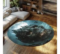 UERWOWELL Tapis Ronds de Style Gothique crâne château Pleine Lune Impression Lavable Mince Cercle Tapis pour Salon Chambre Bureau décor d’Halloween 180cm