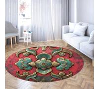 UERWOWELL Tapis Ronds de Style Vintage 140cm Tapis à Motif Floral Antique pour Salon Chambre à Coucher Cuisine Tapis de Sol Lavable à Poils Ras Rouge et Bleu