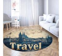 UERWOWELL Tapis Ronds de Style Vintage 180cm Typographie de Voyage et Impression d’Architecture Gothique Mince Lavable pour décor de Salon Tapis de Sol