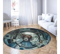 UERWOWELL Tapis Ronds futuristes de Station Spatiale 180cm Motif mécanique Bleu et Gris Tapis Fin pour Salon Porche Ambiance Science-Fiction Décoration du Sol