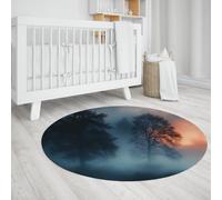 UERWOWELL Tapis Ronds la forêt Fantastique 5ft - Silhouettes d’Arbres dans Le Brouillard du Matin Paysage à Poils Bas Tapis lavables à Poil Bas pour l’Espace méditation Décoration du Sol