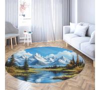 UERWOWELL Tapis Ronds lavables à Poils Ras Pics enneigés Forêt de pins Lac Réflexion Imprimer Tapis de Sol Salon Salle d’étude Chambre Bureau Cabine 180cm