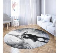UERWOWELL Tapis Ronds Noirs et Blancs 140cm Un Couple Romantique s’Embrasse sur Un Motif de Rue à Paris pluvieux Moquette à Poil Bas antidérapante Lavable et décor de rêve