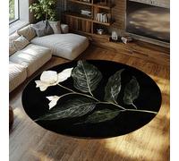 UERWOWELL Tapis Ronds Noirs Minimaliste Art Floral Feuilles Vertes Fleurs Blanches Imprimer Mince Cercle Tapis pour Le Salon Salle d’étude Chambre Patio 100cm