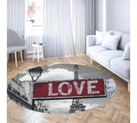 UERWOWELL Tapis Ronds Paris Noir et Blanc 240cm Tapis imprimé Tour Eiffel avec Accent d’Amour Rouge Paysage Romantique Urbain décoration au Sol à Poils Bas