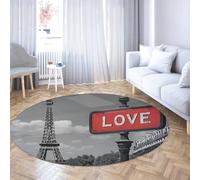 UERWOWELL Tapis Ronds paysagers romantiques parisiens 140cm Tour Eiffel avec Accent Rouge Love Moquette à Poil Bas imprimé antidérapant Décoration de Salle d’étude Lavable