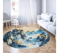 UERWOWELL Tapis Sol Cascade Montagne 200cm - Peinture Chinoise Motifs forêts pins et falaises Tapis Ronds Salon Fin et Lavable Décoration du Bureau