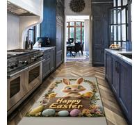 UERWOWELL Tapis Sol Joyeuses œufs Pâques 150x210cm Motif Lovely Rabbits & Ducklings Moquette à Poil Bas antidérapante Lavable Jardin Printemps décoration Florale