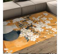 UERWOWELL Tapis Style Chinois Nature Morte Fleur Prunier Blanche Vase céramique Fond Jaune Lavable Tapis Poil Ras intérieur carpette Salon 60x120cm