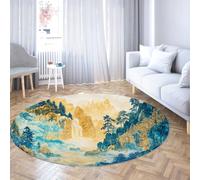 UERWOWELL Tapis Style Peinture Chinoise 90cm - Cascade pins et Pics lointains Tapis Ronds Tapis Ronds Décoration du Salon à Poil Bas Lavable