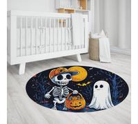UERWOWELL Thème d’Halloween 240cm Tapis Ronds Squelette Fantôme Citrouille Pleine Lune Chauves-Souris Design Tapis de Sol à Poils Ras pour Chambre d’Enfant Salle de Jeux Balcon