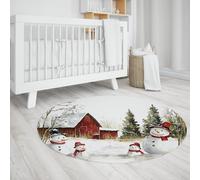 UERWOWELL Thème de Noël Mince Cercle Tapis pins Bonhomme de Neige Ferme Grange Paysage Tapis Rond pour Salon Cuisine Couloir Lavable 120cm
