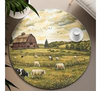 UERWOWELL Vert pâturage Rond Tapis Campagne Peinture à l’Huile Style Fleurs Sauvages Moutons Vaches et Vieille Grange Imprime Mince Cercle Tapis pour Ferme 120cm