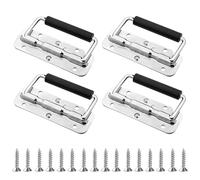 UESDU Lot de 4 poignées pliantes, à ressort, avec 16 vis, en acier inoxydable, poignée de transport 110 mm, avec poignée en caoutchouc, pour boîtes, boîte à outils, porte, boîte de rangement (argenté)