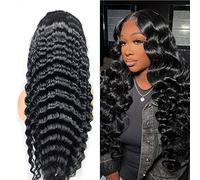 Uesoels Perruques de cheveux humains brésiliens vierges vierges ondulés 33 x 10 cm avec dentelle frontale de 66 cm - Densité de 180