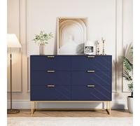 UEV Commode avec 6 Tiroirs 100cm, Meuble de Rangement, Motif de Lignes, Style Scandinave Elégant, pour Salon, Chambre, Salle à Manger, 100x34x73,5cm, Bleu Marine