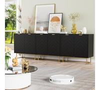 UEV Lot de 3 Buffet Bas, Armoire de Rangement, avec 6 Portes et Étagère Réglable à 3 Positions, Manche et Pieds en Métal Couleur Doré, Scandinave, pour Salle à Manger, Chambre, Salon (Noir)