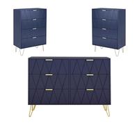 UEV Lot de 3 Meubles de Chambre, Commode à 6 Tiroirs avec Deux Commode à 4 Tiroirs, Style avec Manches et Pieds en Couleur Doré, Motif Ligne, Scandinave pour Salon, Chambre (Bleu)