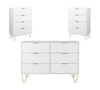 UEV Lot de 3 Meubles de Chambre, Commode à 6 Tiroirs avec Deux Commode à 4 Tiroirs, Style avec Manches et Pieds en Couleur Doré, Motif Ligne, Scandinave pour Salon, Chambre (Blanc)
