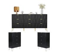 UEV Lot de 3 Meubles de Chambre, Commode à 9 Tiroirs avec Deux Commode à 4 Tiroirs, Style avec Manches et Pieds en Couleur Doré, Motif Ligne, Scandinave pour Salon, Chambre (Noir)