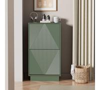UEV Meuble à Chaussures Ultra-Mince à 2 Abattants - Armoire à Chaussures Design Rétro Vert avec Motifs Linéaires - Rangement Gain de Place pour Entrée et Couloir Étroit - 50x24x91cm