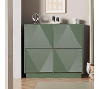 UEV Meuble à Chaussures Ultra-Mince à 4 Abattants - Armoire à Chaussures Design Rétro Vert avec Motifs Linéaires - Rangement Gain de Place pour Entrée et Couloir Étroit -100 x 24 x 91cm