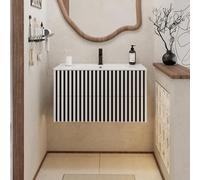 UEV Meuble Salle de Bain 90cm, Meuble Suspendu avec Lavabo en Céramique, Deux Tiroirs avec Grand Espace de Rangement, Poignée Cachée, Motif de Ligne, 90 x 45 x 50cm, Blanc