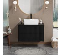 UEV Meuble Salle de Bain, Meuble Suspendu 80cm avec Vasque à Poser, Lavabo en Céramique, Deux Tiroirs avec Grand Espace de Rangement, Motif de Ligne, 80 x 45 x 50 cm, Noir