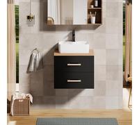 UEV Meuble sous Lavabo Suspendu 60,5cm, Meuble Salle de Bain avec Vasque à Poser, Lavabo en Céramique, Deux Tiroirs avec Grand Espace de Rangement, Poignée en Métal, 60,5 x 40,5 x 53,2cm, Noir