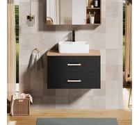 UEV Meuble sous Lavabo Suspendu 80,5cm, Meuble Salle de Bain avec Vasque à Poser, Lavabo en Céramique, Deux Tiroirs avec Grand Espace de Rangement, Poignée en Métal, 80,5 x 40,5 x 53,2cm, Noir