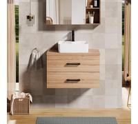 UEV Meuble sous Lavabo Suspendu 80,5cm, Meuble Salle de Bain avec Vasque à Poser, Lavabo en Céramique, Deux Tiroirs avec Grand Espace de Rangement, Poignée en Métal, 80,5 x 40,5 x 53,2cm, Naturel