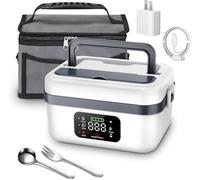 UEXEDO Gamelle Chauffante avec Batterie,1L Gamelle Chauffante,Lunch box Chauffante avec Vaisselle en Acier Inoxydable et Sac Isotherme,Minuterie et Fonction,pour Voiture/Chantier/Power Bank (Blanc)
