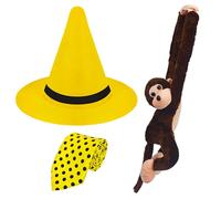 Ueyben Costume L'homme au chapeau jaune, chapeau jaune avec cravate à pois, singe en peluche pour hommes et femmes, pour Halloween, cosplay, déguisement